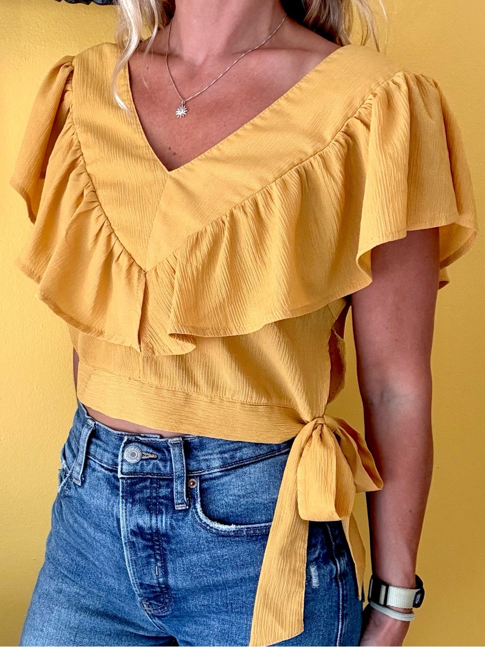 She + Sky Small Mustard Yellow Ruffle V-Neck Side Bow Tie Top Gold